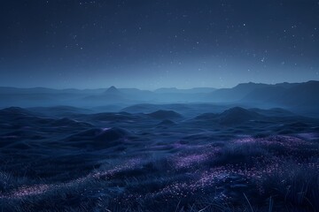 Ethereal Starry Night Above a Vibrant Spring Landscape with Lavender Hues - obrazy, fototapety, plakaty