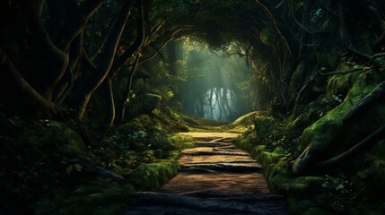 A winding road cutting through a dense forest with towering trees creating a natural tunnel in a minimalist woodland setting  AI generated illustration