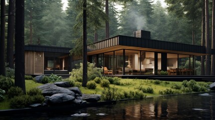Obraz premium A wooden house with a metal roof set in the tranquil atmosphere of a Scandinavian forest AI generated illustration