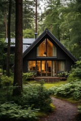 Fototapeta na wymiar A wooden house with a metal roof set in the tranquil atmosphere of a Scandinavian forest AI generated illustration