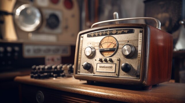 A vintage microphone and analog sound mixer in an old-school radio station AI generated illustration