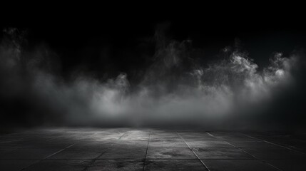 Abstract image of dark room concrete floor Black room or stage background for product cloudiness mist or smog moves on black background AI generated illustration - obrazy, fototapety, plakaty