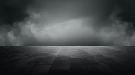 Fotobehang Abstract image of dark room concrete floor Black room or stage background for product cloudiness mist or smog moves on black background AI generated illustration © Olive Studio