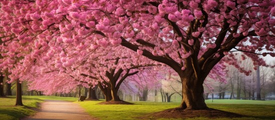 A row of cherry blossom trees in a park, with pink flowers blooming on the branches, creating a...