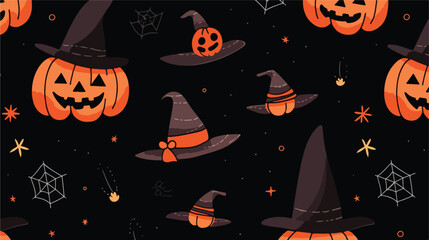 Halloween seamless pattern with outline witch hat p - obrazy, fototapety, plakaty