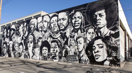 A black and white mural featuring various influential figures from different time periods including actors musicians and activists celebrates the diversity and impact of popular