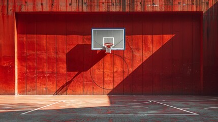 A stark basketball hoop against a vibrant urban wall, on sunny day, symmetry geometric - obrazy, fototapety, plakaty