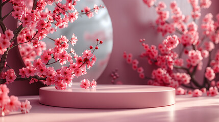 桜の背景の台座 - obrazy, fototapety, plakaty