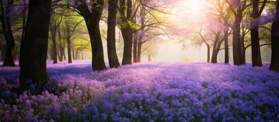 The sun filters through the trees in a forest with purple flowers, creating a vibrant natural landscape with violet hues on the groundcover