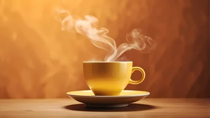 Deurstickers cup of coffee with smoke, Peach-toned steam and a cup of coffee with a saucer linger in the air. © Qazi Sanawer