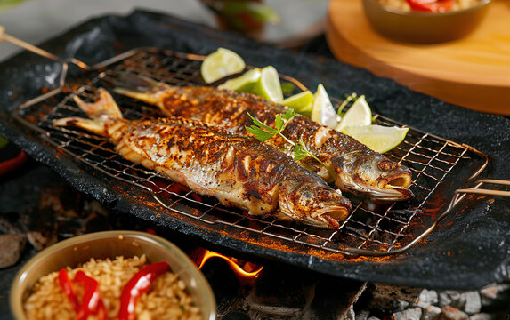 Gourmet grilled fish on the grill,created with Generative AI tecnology.