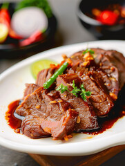 Fototapeta premium A plate of sauce beef,created with Generative AI tecnology.