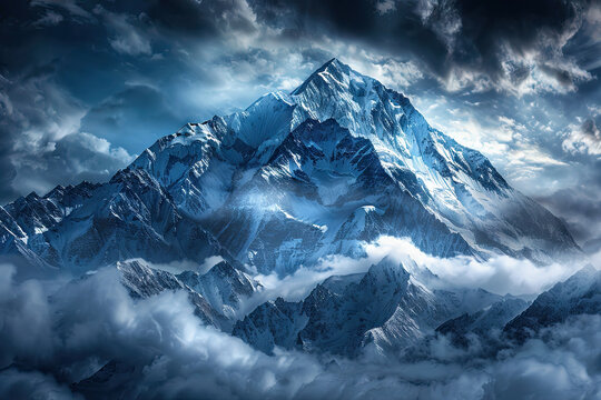 Fototapeta Clouds Over Mountain In Alaska With Magnificent scenery of snowcapped peaks with a mysterious look. Snowy Peaks Shrouded in Clouds, Dark Blue and White Tones, Captured in Top View with Backlighting. 