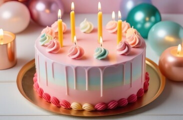 Birthday cake with candles on light background with copy space