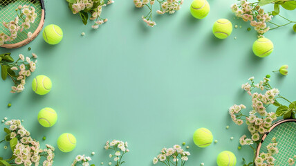 Tennis ball and pretty flowers, copy Green banner background with space,テニスボールと可愛い花、コピー スペースのある緑のバナーの背景,Generative AI	 - obrazy, fototapety, plakaty