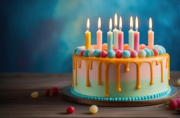 Birthday cake with candles on blue background with copy space