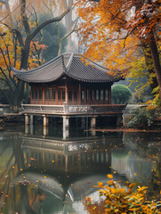 Autumn landscape of Suzhou gardens in China,created with Generative AI tecnology.