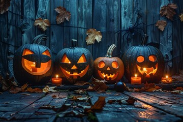 Obraz premium Halloween night eerie Jack O Lanterns on weathered wooden wall soft glow creepy shadows wide angle
