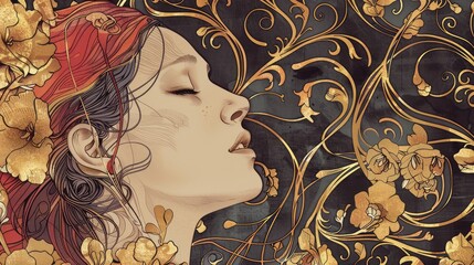 Captivating portrait: girl adorned in the enchanting style of art nouveau, embodying the grace and allure of this timeless artistic movement, a mesmerizing blend of elegance and intricate detailing.
