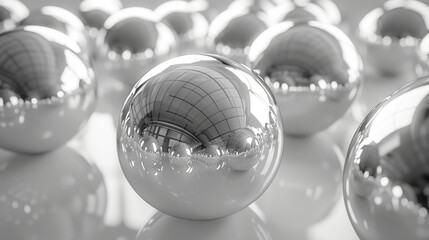 Bright photo of chrome balls. There is a lot of reflection in the balls. Interesting background. Generative AI - obrazy, fototapety, plakaty