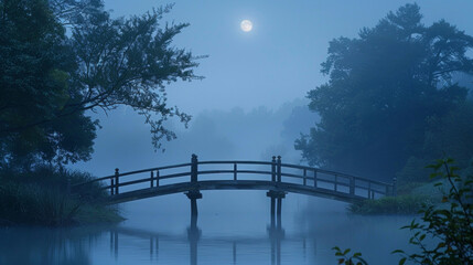 In the hazy moonlit sky a delicate bridge connects two banks of a still lake evoking a sense of unity and balance. . .