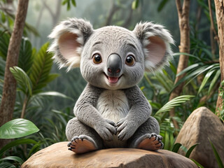 A charming illustration and 3d depiction render of a cheerful koala perched contentedly on a rocky outcrop within its lush forest habitat