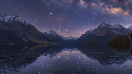 A tranquil lake surrounded by towering mountains their peaks capped with a blanket of snow under the glittering constellations. . .