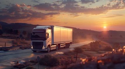 Tuinposter A semi truck drives down a rural road as the sun sets, casting a warm glow on the landscape © Fokke Baarssen