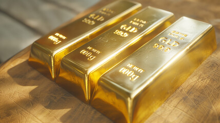 Three shiny gold bars are placed on a weathered wooden table, creating a striking contrast between the luxurious metal and the natural texture of the wood