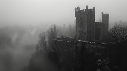 The old castle in the fog. Tranquil, mystical and mysterious atmosphere. Beauty landscape. Generative AI