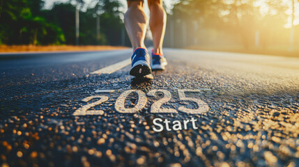 A person sprinting down a road with the numbers 205 on it,  Taking off to start 2025. sprinter athlete preparing to run on the road with text