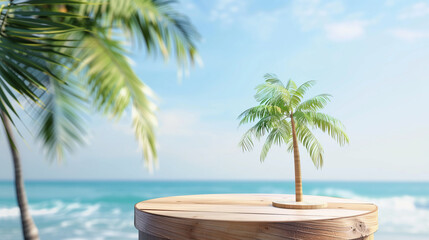 Lush palm tree elegantly positioned on a rustic wooden table, creating a serene and tropical ambiance, Summer product display on wooden podium at sea tropical beach.
