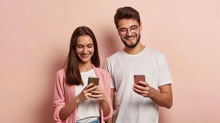 A man and a woman stand together, each holding a cell phone in their hands, young smiling happy couple two friends family man woman wear casual clothes hold in hand use mobile cell phone together chat - obrazy, fototapety, plakaty