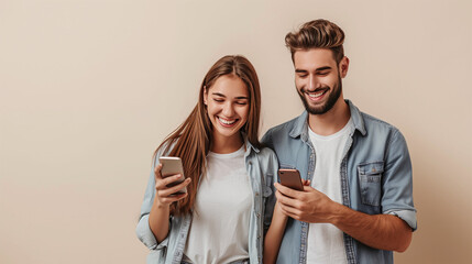 A man and a woman immersed in their cell phones, oblivious to the world around them, young smiling happy couple two friends family man woman wear casual clothes hold in hand use mobile cell phone toge - obrazy, fototapety, plakaty