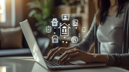 women on laptop with floating icons, Real estate investment, Buy, own, and sell propertiA woman types on a laptop, with various icons emerging from the screen in a captivating display of digital magic