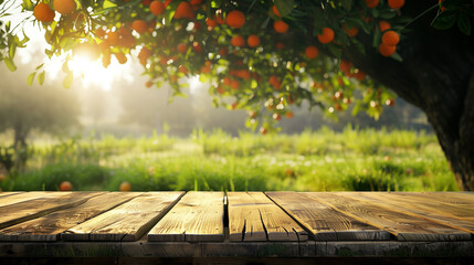 Naklejka na ściany i meble A wooden table adorned with rustic charm stands in front of a lush orange tree, creating a serene and natural backdrop, summer spring background