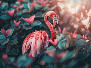 Majestic Flamingo Hidden in a Lush Tropical Foliage - obrazy, fototapety, plakaty