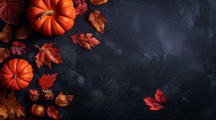 Vibrant autumn leaves and pumpkins arranged on a striking black background, creating a bold and seasonal display