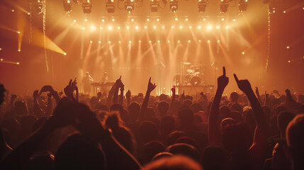 A vibrant concert crowd raises their hands in excitement, surrounded by pulsating music and colorful lights, summer festival season