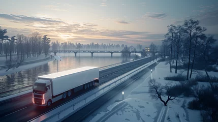  A white truck drives down a road that runs parallel to a river, surrounded by picturesque scenery and the peaceful flow of water © Fokke Baarssen