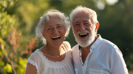 A man and a woman are smiling brightly and happily posing for the camera, senior men and women outdoor