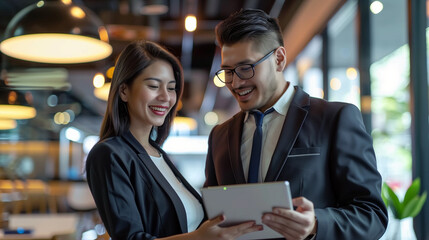 A man and a woman deeply engaged, exploring the wonders of technology on a tablet device, Two happy professional business people team Asian woman and Latin man workers working using digital tablet tec