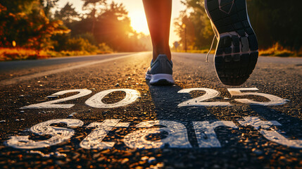 A person walking down a road with the numbers 2013 and 2013 painted on it, symbolizing a journey through the past and present, Taking off to start 2025. sprinter athlete preparing to run on the road w - obrazy, fototapety, plakaty