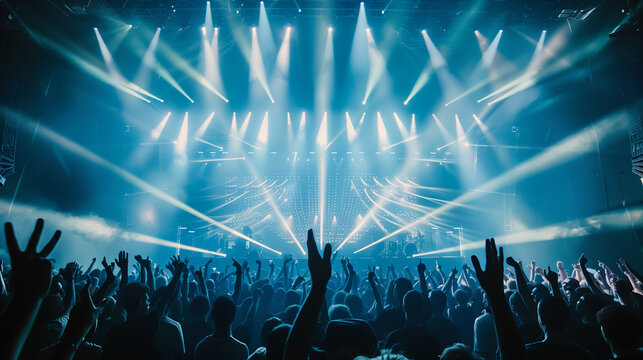 A vibrant crowd of people at a concert, raising their hands in unison as they sway to the music of the performance, summer festival season