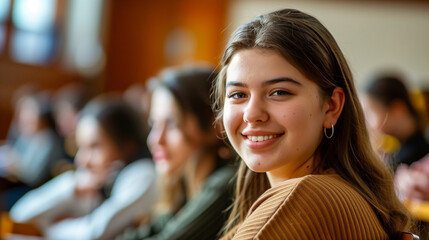A woman with a captivating smile Happy college student during a lecture in the classroom looking at camera. 