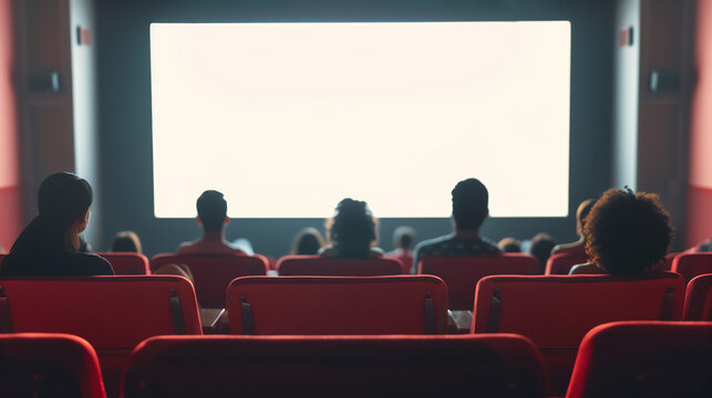 Cinema blank wide screen and people in red chairs in the cinema hall. Blurred People silhouA group of diverse people sit in vibrant red chairs, engrossed in watching a movie together in a cozy setting