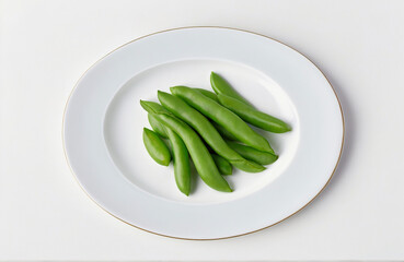 Green beans in ceramic white plate , cut out on white background,
