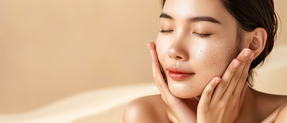 A woman delicately touches her face with her hands, expressing tenderness and self-care, Beautiful young asian woman with clean fresh skin on beige background, Face care, Facial treatment, Cosmetology