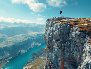 Lone Explorer Overlooking a Vast Canyon and River - obrazy, fototapety, plakaty
