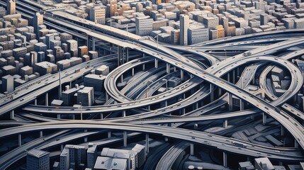 Aerial view of the city viaduct interchange  AI generated illustration - obrazy, fototapety, plakaty